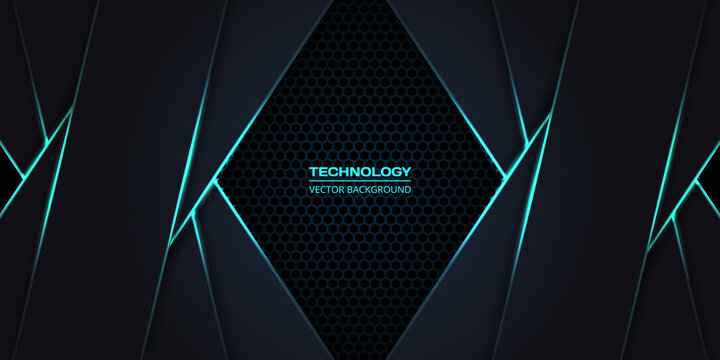 Dark Gray And Turquoise Hexagonal Carbon Fiber Background With Green Luminous Lines And Highlights. Technology, Sport, Futuristic, Modern, Luxury Abstract Background. Dark Honeycomb Texture Grid.