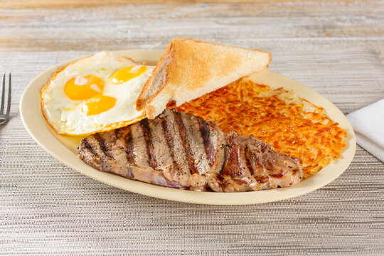 A View Of A Steak And Eggs Breakfast Plate.