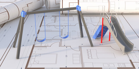 Playground slider and swing set on blueprints, computer keyboard and screen background. Kids recreation project construction concept. 3d illustration
