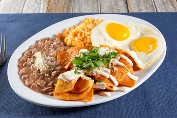 A view of a plate of chilaquiles and huevos, with rice and beans.
