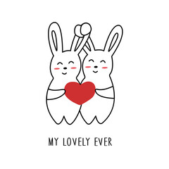 Cute couple of hares in love hold heart in their paws. Phrase my lovely ever. Vector illustration in doodle style isolated hand drawing. Happy Valentines Day. February card or poster, valentine