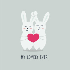 Cute couple of hares in love hold pink heart in their paws. Phrase my lovely ever. Vector illustration in doodle style hand drawing on blue background. Happy Valentines Day. February card or poster