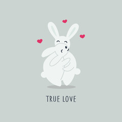 Cute couple of hares in love hug. Pink hearts are flying around. Phrase is true love. Vector illustration in doodle style hand drawing on blue background. Happy Valentines Day. February card or poster
