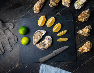 Fresh oysters on a black stone background. Top view. Oyster dinner in restaurant. Dark background. Seafood, Gourmet food. Oyster glove, oyster opening knife 