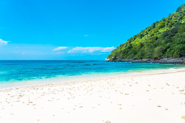 Fototapeta na wymiar Beautiful tropical beach sea ocean with coconut and other tree around white cloud on blue sky