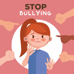 stop bullying and hands pointing at sad girl kid design, violence victim bully and social theme Vector illustration
