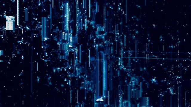 Trippy blue looped HUD interface with abstract and psychedelic digital code. Concept glitch background as cyberpunk video gaming overlay with artifacts hex code for YouTube live stream announcements