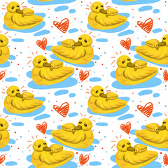 Seamless pattern yellow mother duck and baby in water with red hearts in cartoon style on white background, animals, birds, for packaging, backgrounds, fabric, design, textiles, decoration, cover