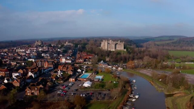 Arundel in Southern England aerial video of this popular historic tourist destination with the Castle and Cathedral two of the main attractions.