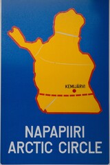 Information sign indicating the North Arctic Circle in Kemijarvi village. Lapland. Finland.