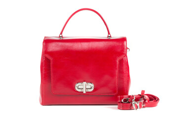 red stylish ladies leather bag on a white background
