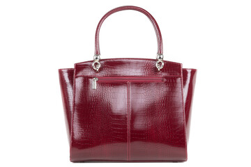 red stylish ladies leather bag on a white background, back view