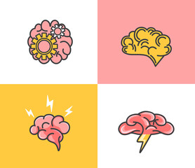 Set of brain concepts.Brainstorming, idea,creativity and thinking about business strategy.Icons with brain, light bulb,gear and lightning.Creative idea, mind, nonstandard thinking isolated logo.Vector