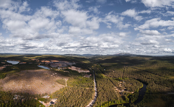 Landscape views of the forest in the northern Finland on an autumn day