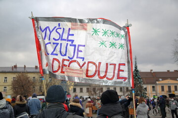 Krakow, Poland - Novemebr 28 2020: Demonstration against Polish government, ruing party Law and...
