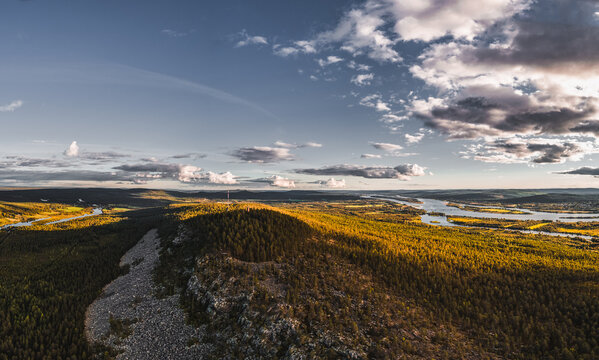 Panoramic landscape view of the Aavasaksa mountain in northern Finland in autumn
