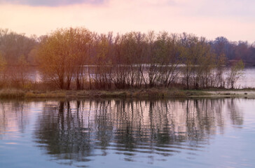 Fototapeta na wymiar Island on the river in winter. Cold sunrise 