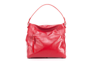 red stylish ladies leather bag on a white background, back view