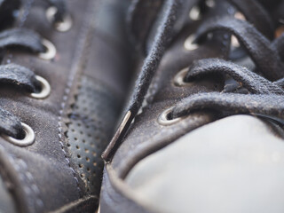 Close up of stylish shoe. Close up shoelaces