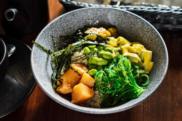 buddha bowl on the wooden table