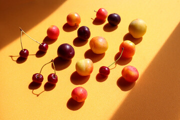 Ripe cherry plums and cherries on a yellow background in the sun and the shadow of objects, side view-the concept of the usefulness of fresh fruit for the human body