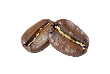 Two coffee beans isolated on white background.