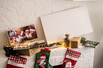 gifts, photo canvas and Christmas blur garland