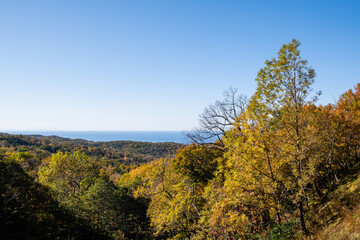 秋の知床　カムイワッカへの道から見た紅葉の原野とオホーツク海（北海道・斜里町）