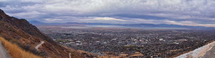 Slide Canyon views from hiking trail fall leaves mountain landscape, Y Trail, Provo Peak, Slate Canyon, Rock Canyon, Wasatch Rocky mountain Range, Utah, United States. 