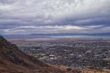 Slide Canyon views from hiking trail fall leaves mountain landscape, Y Trail, Provo Peak, Slate Canyon, Rock Canyon, Wasatch Rocky mountain Range, Utah, United States. 