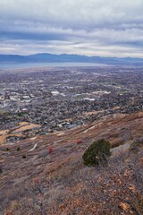 Slide Canyon views from hiking trail fall leaves mountain landscape, Y Trail, Provo Peak, Slate Canyon, Rock Canyon, Wasatch Rocky mountain Range, Utah, United States. 