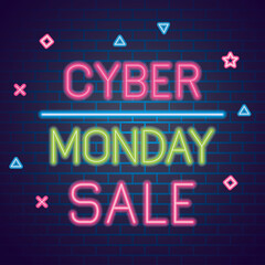 cyber monday neon design on bricks background, sale offer ecommerce shopping online theme Vector illustration