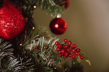 Christmas Tree with Red Balls and Stars. Winter Holiday Background.