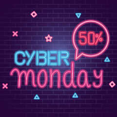 cyber monday with 50 sale neon design on bricks background, offer ecommerce shopping online theme Vector illustration