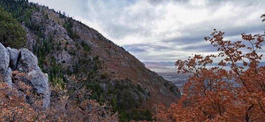 Slide Canyon views from hiking trail fall leaves mountain landscape, Y Trail, Provo Peak, Slate Canyon, Rock Canyon, Wasatch Rocky mountain Range, Utah, United States. 