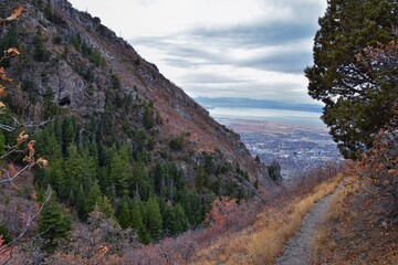 Slide Canyon views from hiking trail fall leaves mountain landscape, Y Trail, Provo Peak, Slate Canyon, Rock Canyon, Wasatch Rocky mountain Range, Utah, United States. 