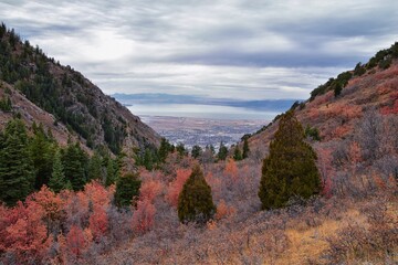 Slide Canyon views from hiking trail fall leaves mountain landscape, Y Trail, Provo Peak, Slate Canyon, Rock Canyon, Wasatch Rocky mountain Range, Utah, United States. 