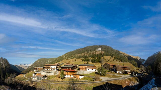 Houses in the small, idyllic mountain village of Gramais in the Lechtal valley on an autumn day