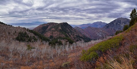 Slide Canyon views from hiking trail fall leaves mountain landscape, Y Trail, Provo Peak, Slate Canyon, Rock Canyon, Wasatch Rocky mountain Range, Utah, United States. 