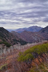 Slide Canyon views from hiking trail fall leaves mountain landscape, Y Trail, Provo Peak, Slate Canyon, Rock Canyon, Wasatch Rocky mountain Range, Utah, United States. 