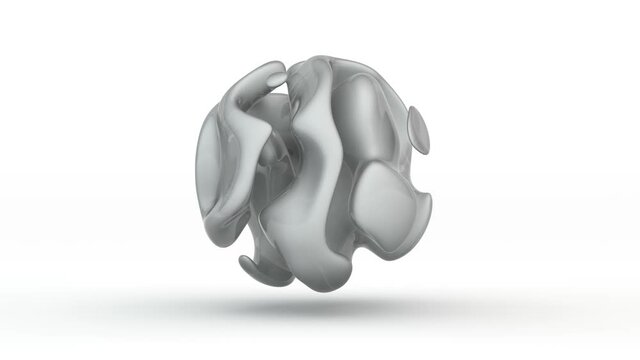 3D loop animation of a surreal cube that turns into a biosphere with a smooth, wavy structure, soft lines, convolutions that smoothly change shape. Abstract glass, crystal shape, background.