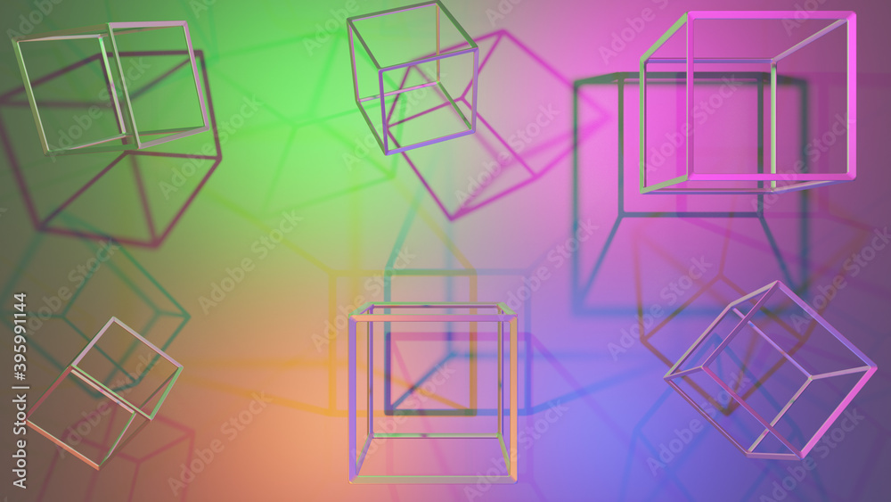 Poster abstract background with wire frame cube against colorful background with copy space