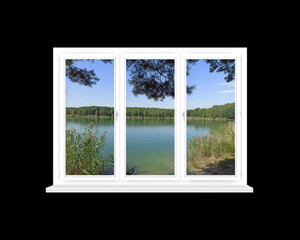 Room with big window with panoramic view to forest lake