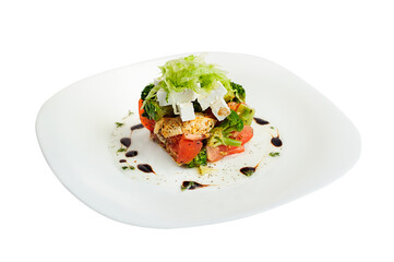 Salad with chicken, feta, tomato, broccoli  isolated on white