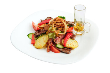 Salad with beef, potatoes, cucumber, tomato, cheese and onion isolated on white.