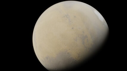 Mars red planet black background, planet Mars in the Starry Sky of Solar System in Space, science fiction illustration 3d render