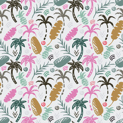 Palm trees, leaves, pineapples seamless pattern