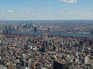 Aerial view of building in new york city from one world trade building.