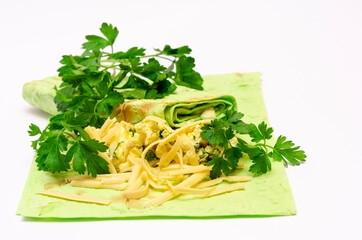 Appetizing vegetarian breakfast, pita with parsley and cheese on a white background