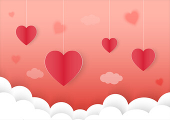 Happy valentines Day. Paper cut in shape of  red heart on pink gradient background with white cloud. Vector illustration.